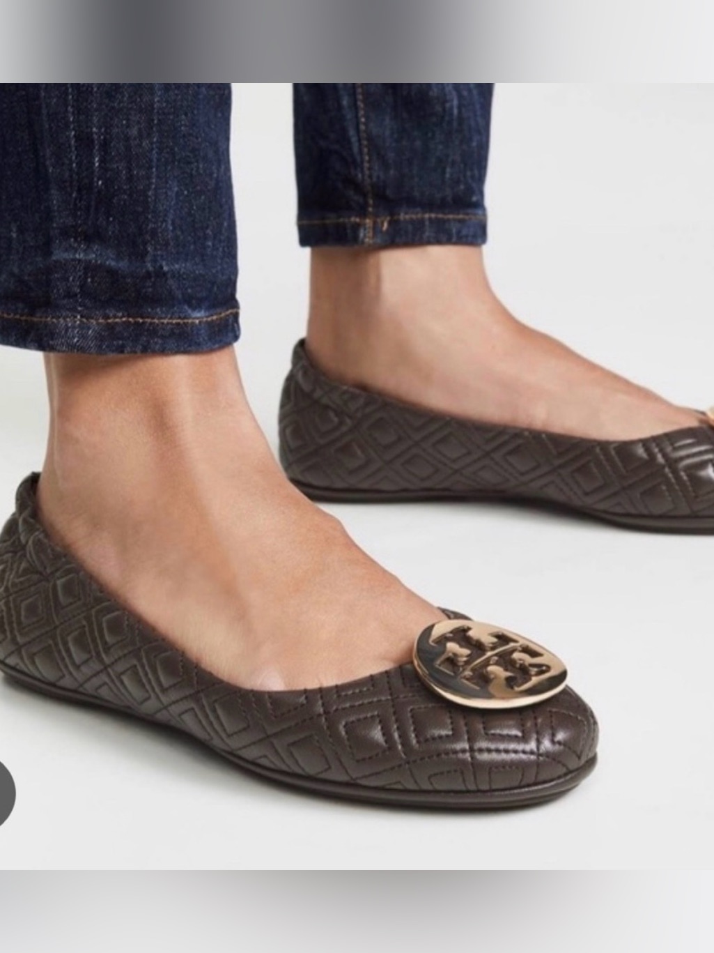 Tory Burch Quilted Minnie Brown Leather Logo Ballet Flats